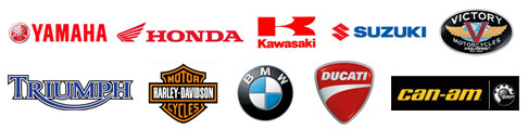 Yamaha, Honda, Kawasaki, Suzuki, Victory, Triumph, Harley Davidson, BMW, Ducati and Can-Am logos